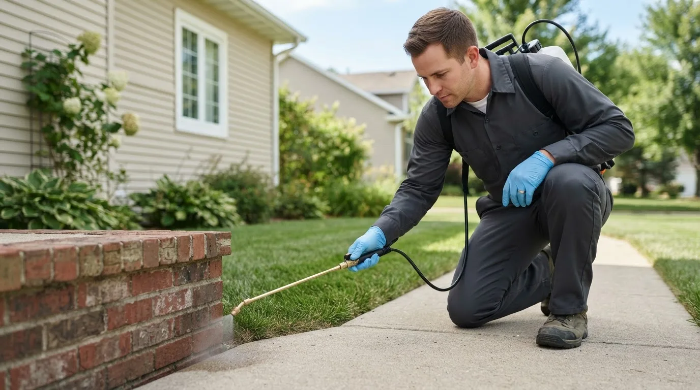 Pest control technician treating a home near Evans Mills, NY