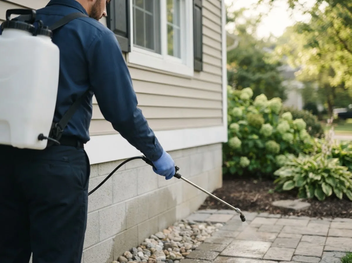 Pest control technician inspecting a home in Evans Mills, NY